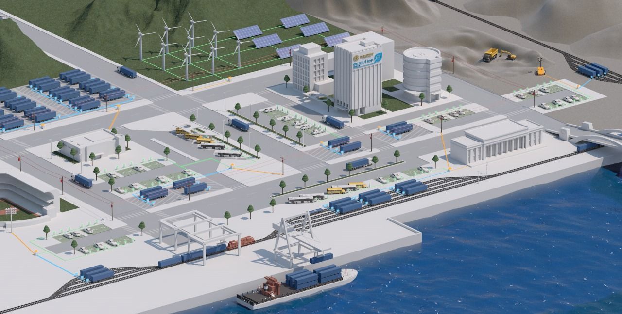 Rendering of train station along a river with a microgrid, along with windmill and solar power infrastructure.