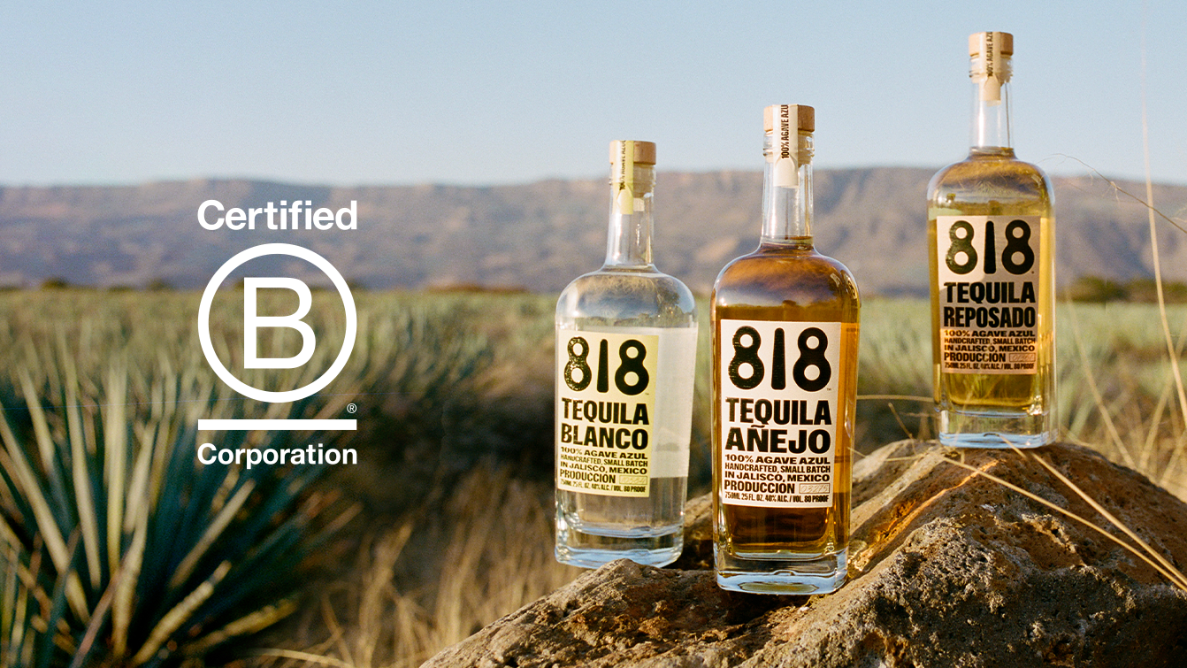 818 tequila bottles in front of agave field with Certified B Corporation logo on photo