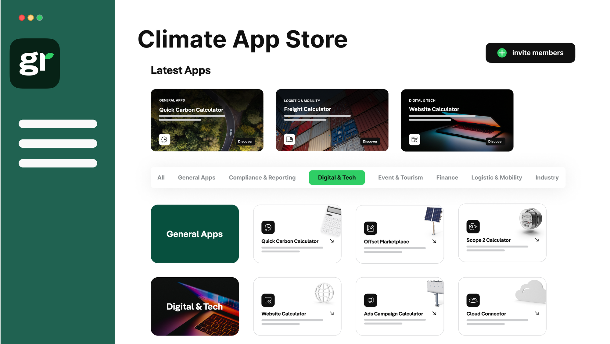 Greenly Climate App Store page with a featured section of Latest Apps including a Quick Carbon Calculator, Freight Calculator, and Website Calculator. Below that are different categories of apps.