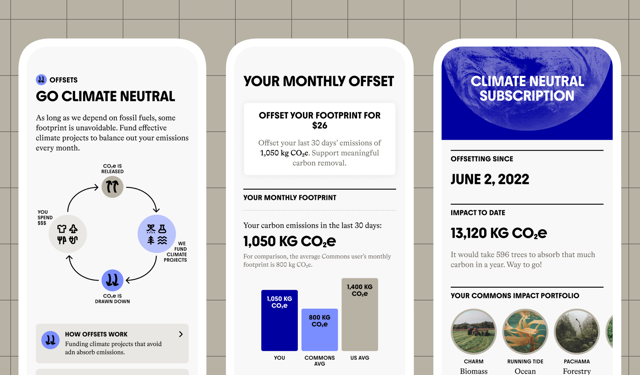 Screenshots of app's Climate Neutral Subscription with charts around going climate neutral and offsetting your monthly carbon footprint.