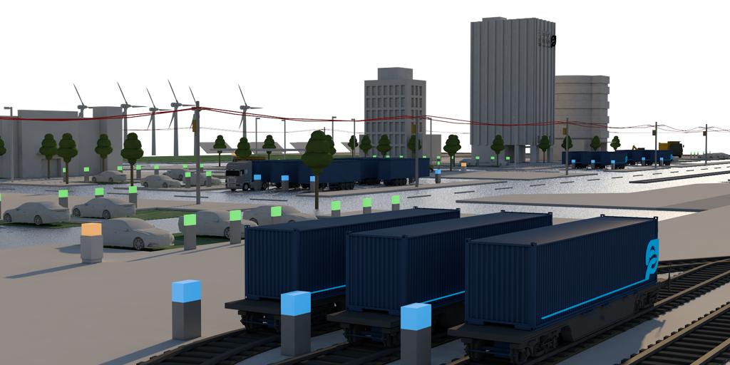 Rendering of train tracks with Ecolution rail cars and windwills in the background.