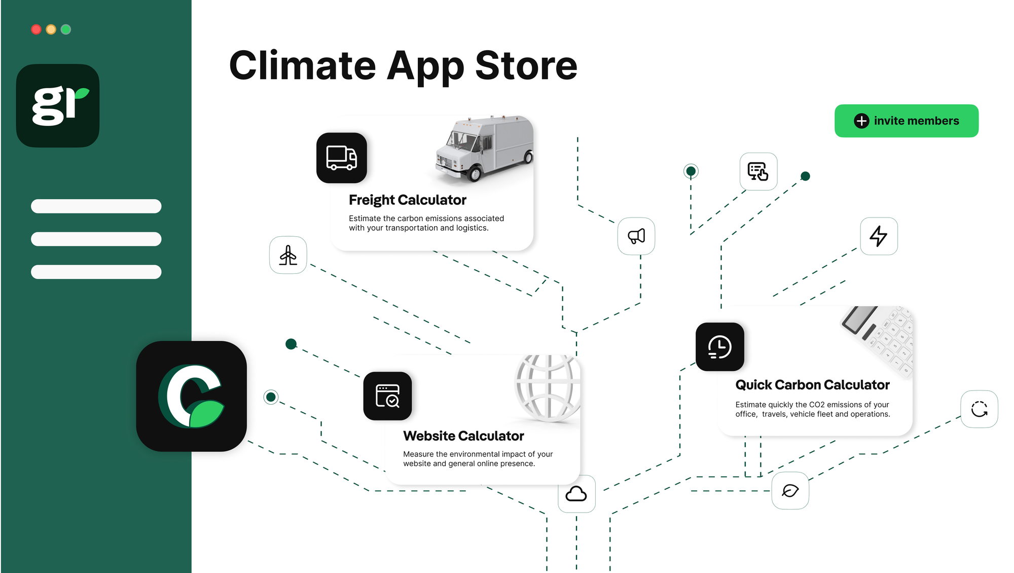 Greenly Climate App Store page with diagram of different apps including a Freight Calculator, Quick Carbon Calculator, and W