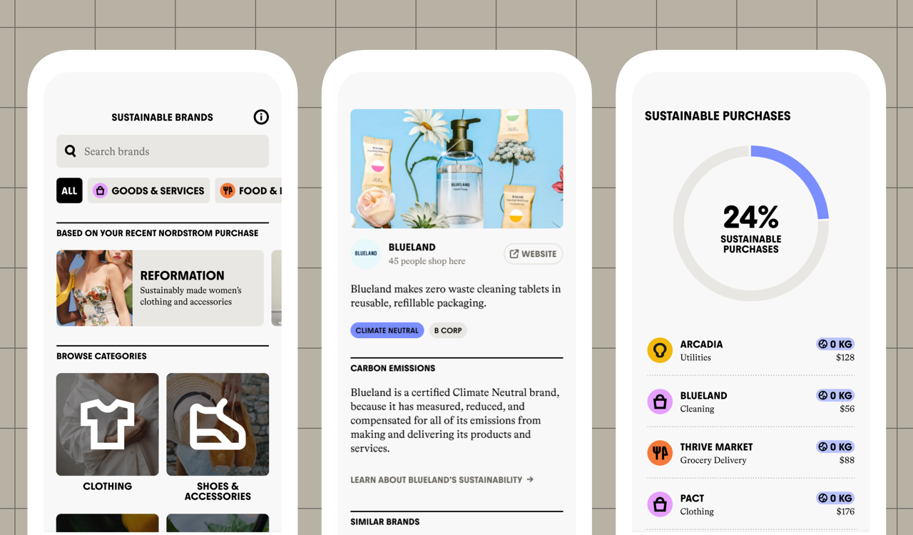 Screenshots of app about purchasing from sustainable brands